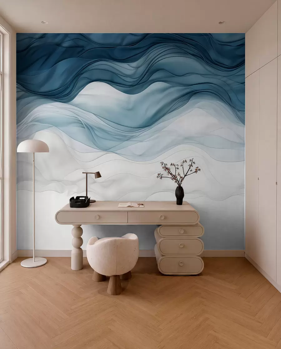 murales de pared Ondas fluidas de texturas translúcidas en tonos azul oscuro, azul claro y blanco sobre un fondo claro w08775