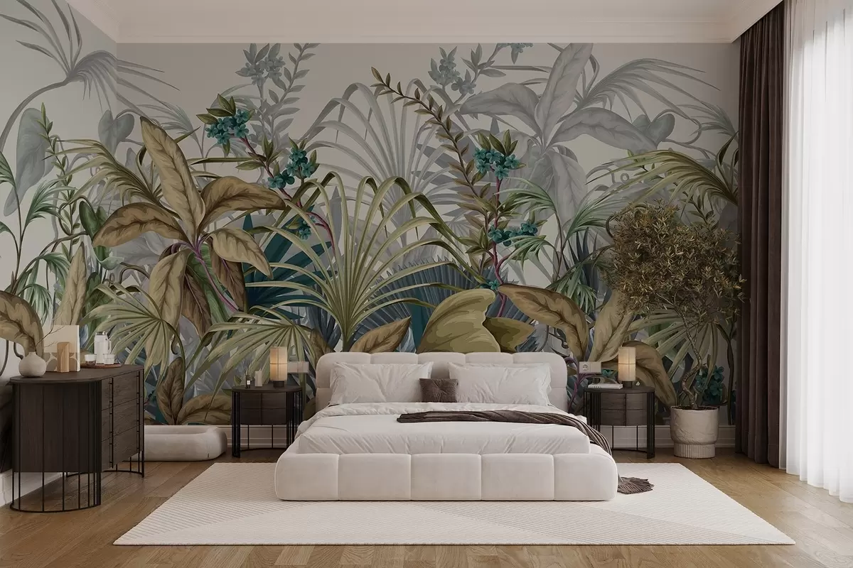 murales de pared Arreglo de varias plantas tropicales con grandes hojas vibrantes, creando una exuberante escena de follaje sobre un color beige claro w08777v1