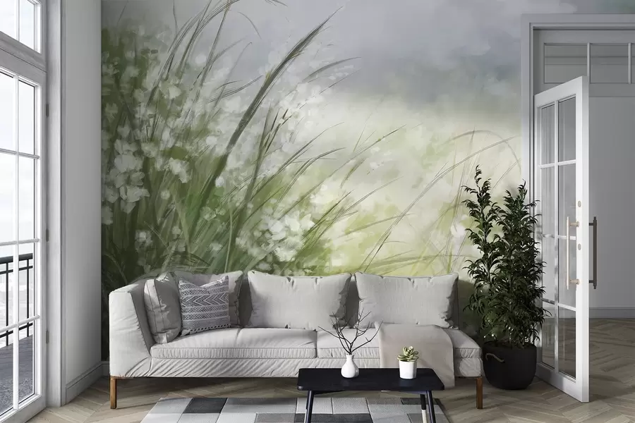 murales de pared Exuberante hierba verde con delicadas flores blancas, estampado suavemente difuminado con tonos claros, creando un paisaje tranquilo w08779