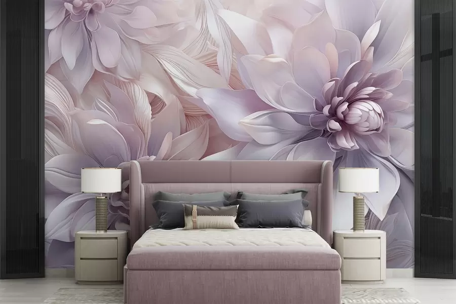 murales de pared Flores suaves en capas en tonos rosa pálido, lavanda y blanco con delicados pétalos e intrincados detalles w08783