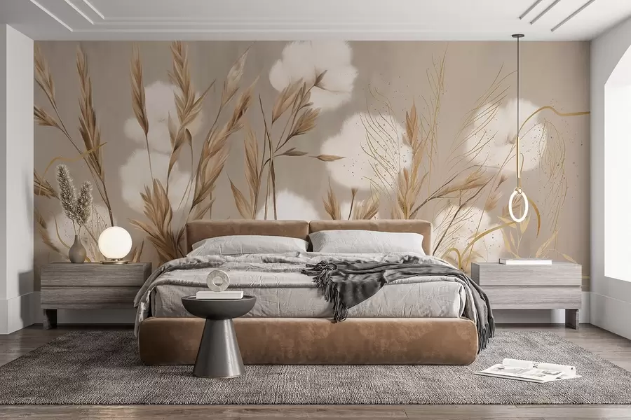 murales de pared Flores blancas de algodón suave y esponjoso y altas espiguillas de hierba anaranjadas sobre un fondo beige de textura apagada w08784
