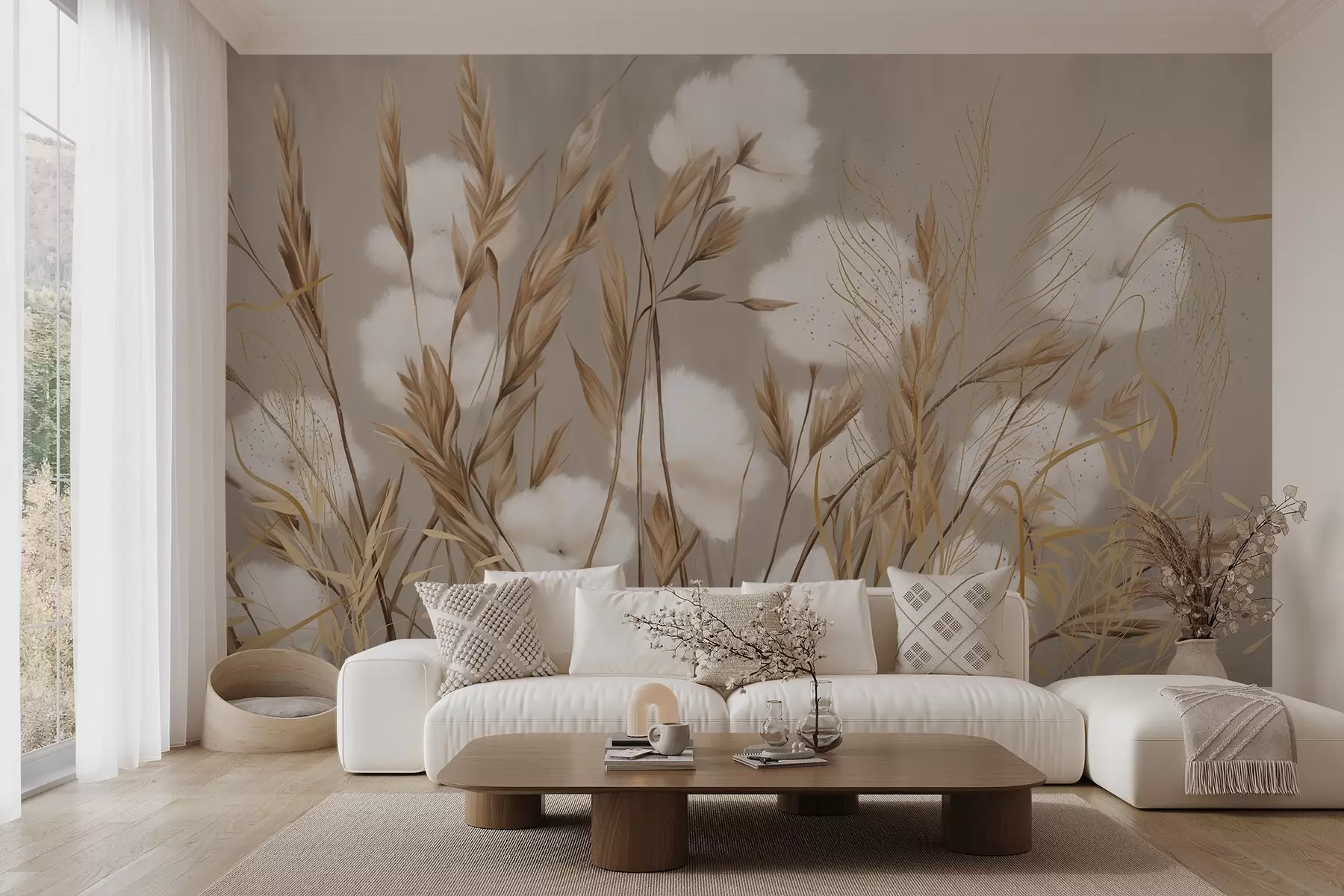 murales de pared Flores blancas de algodón suave y esponjoso y altas espiguillas de hierba anaranjadas sobre un fondo beige de textura apagada w08784