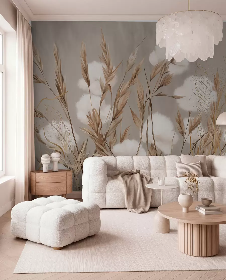 murales de pared Flores blancas de algodón suave y esponjoso y altas espiguillas de hierba anaranjadas sobre un fondo beige de textura apagada w08784