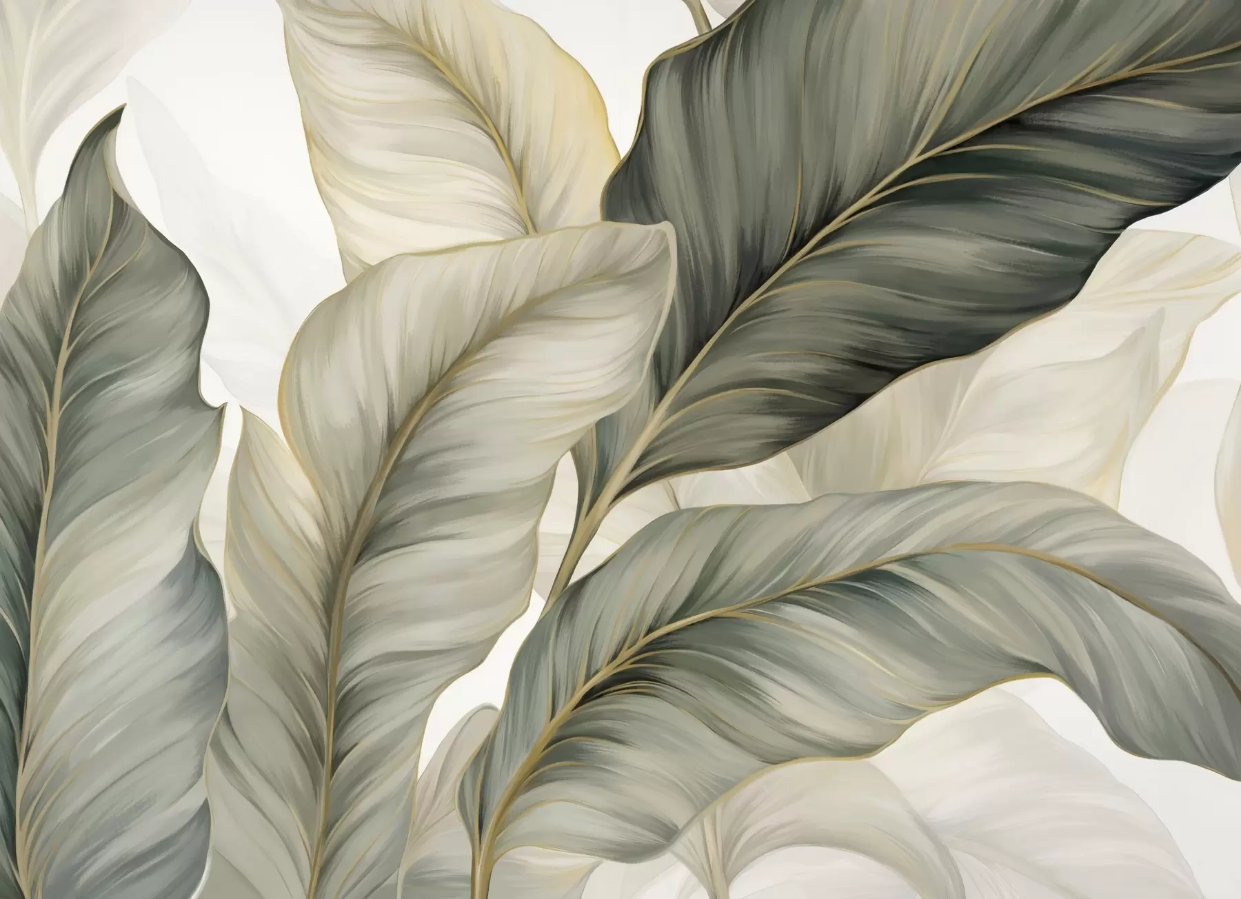murales de pared Hojas grandes de textura estilizada con venas detalladas en varios tonos de verde, crema y beige w08785