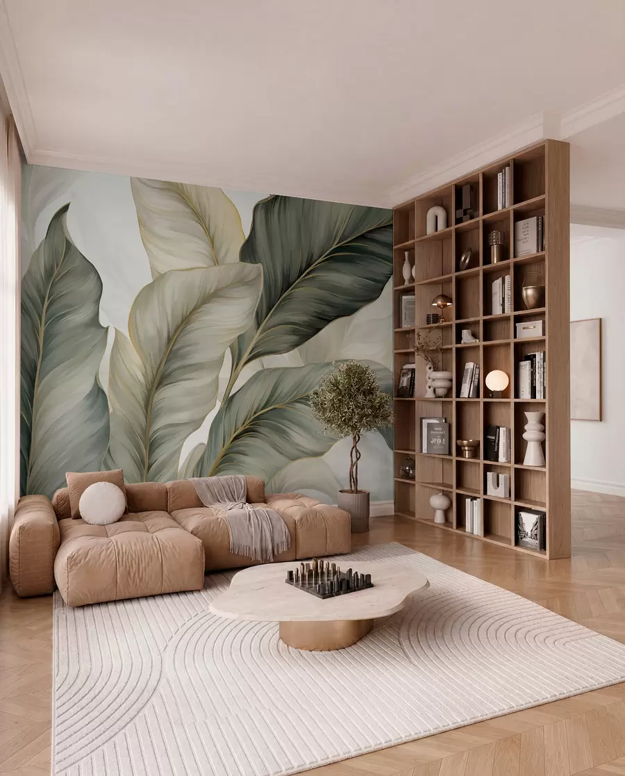 murales de pared Hojas grandes de textura estilizada con venas detalladas en varios tonos de verde, crema y beige w08785