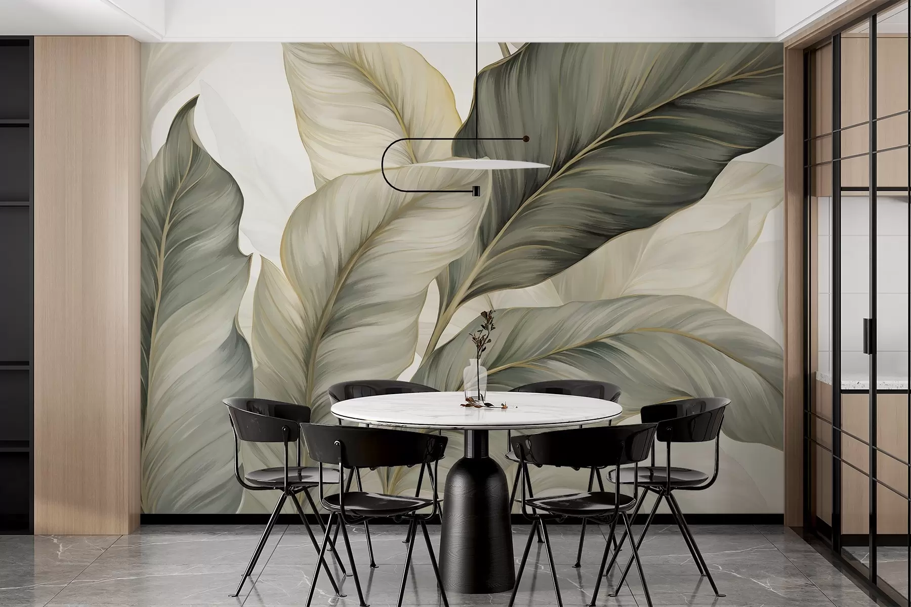 murales de pared Hojas grandes de textura estilizada con venas detalladas en varios tonos de verde, crema y beige w08785