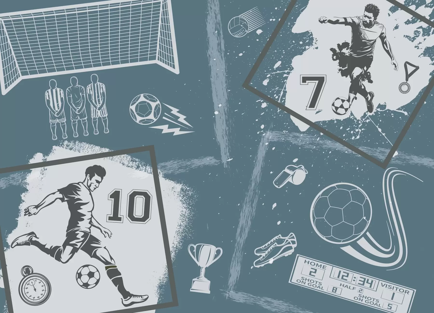murales de pared Jugadores de fútbol, balón y otros atributos futbolísticos en tonos azules w03122