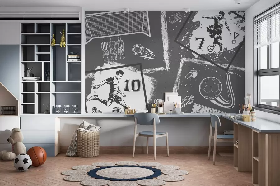 murales de pared Jugadores de fútbol, balón y otros atributos futbolísticos en tonos grises w03122v1