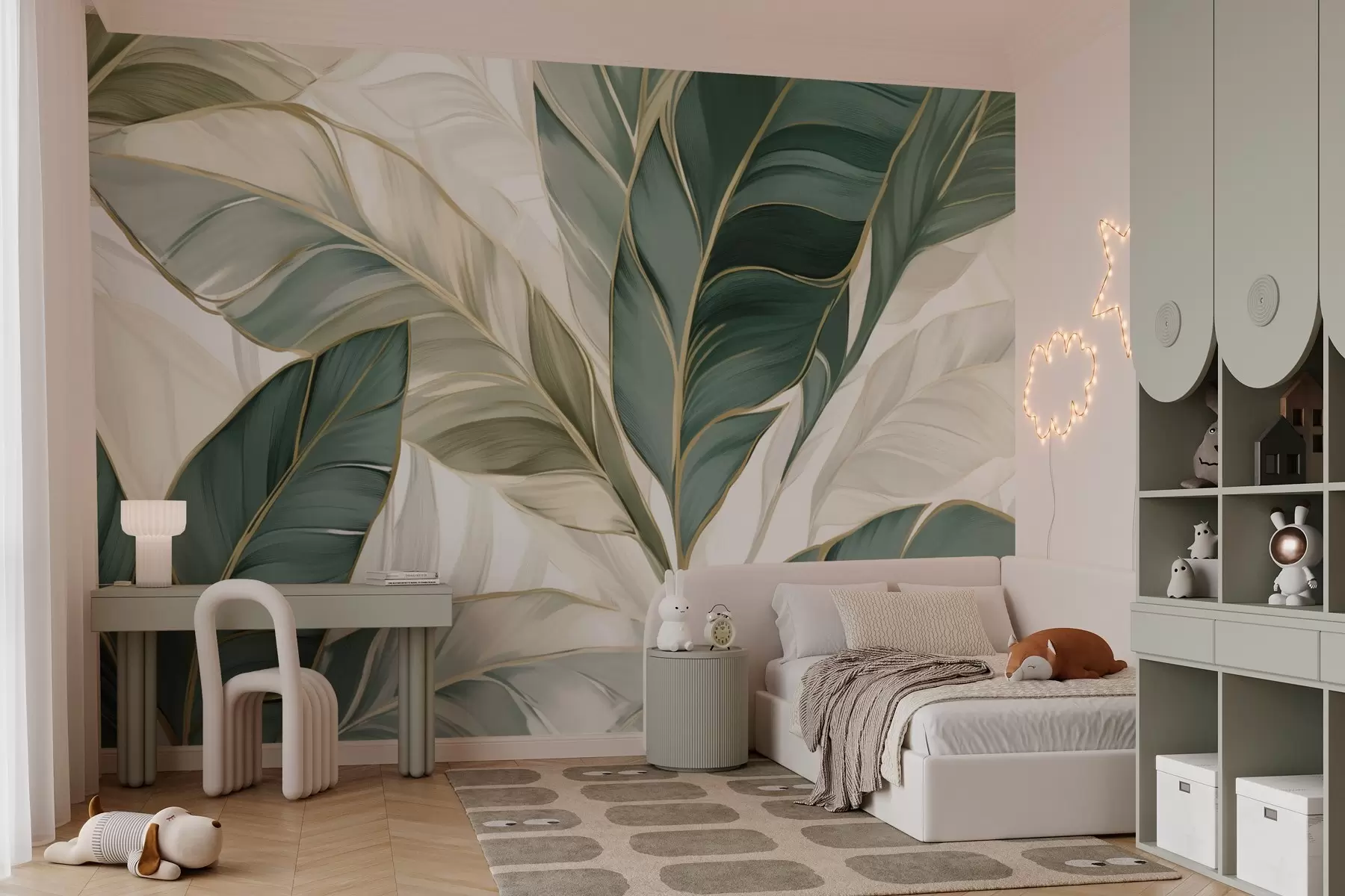 murales de pared Hojas tropicales verdes sobre fondo gris y blanco w03124