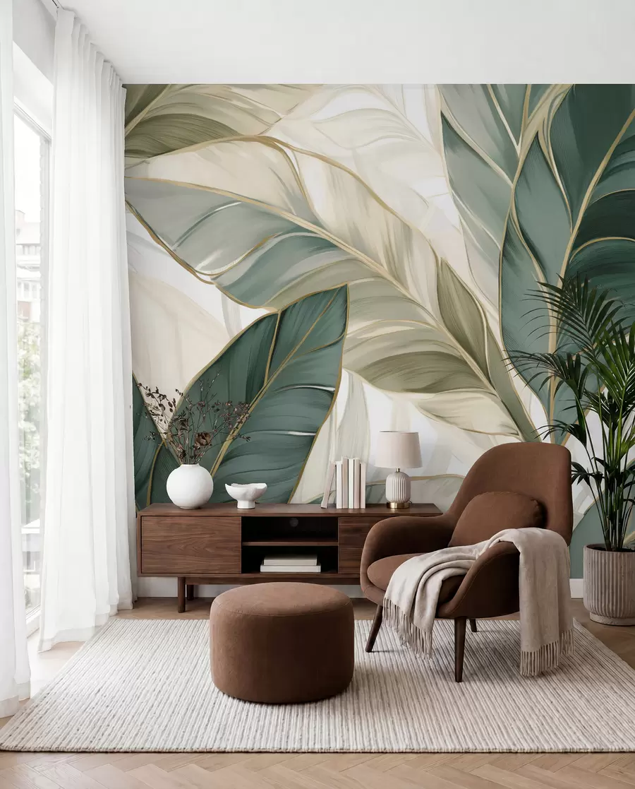 murales de pared Hojas tropicales verdes sobre fondo gris y blanco w03124