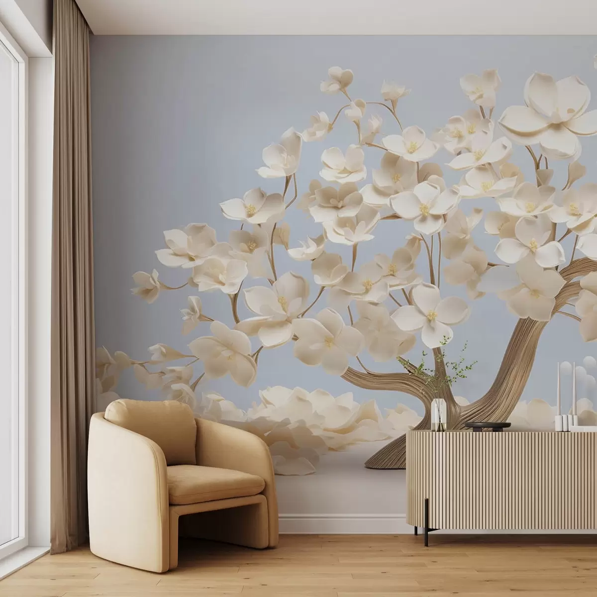murales de pared Árbol con delicadas flores sobre fondo azul claro w08793
