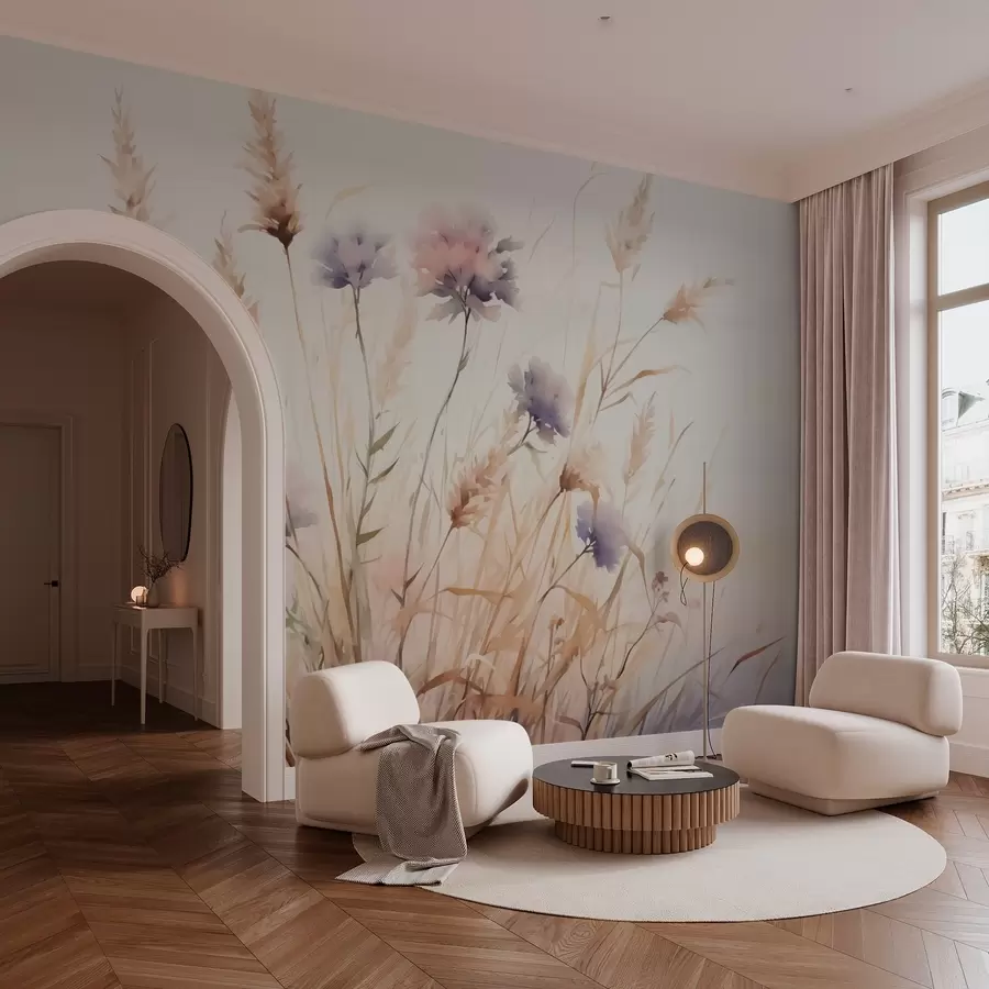 murales de pared Flores silvestres en hierba seca imitación de acuarela w03174