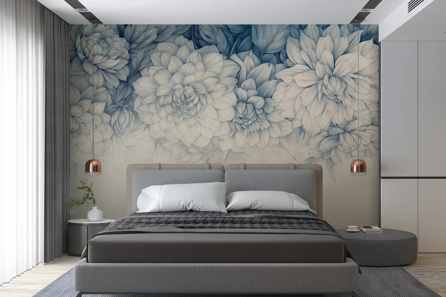 murales de pared exuberantes crisantemos monocromos colgando de la parte superior w03110