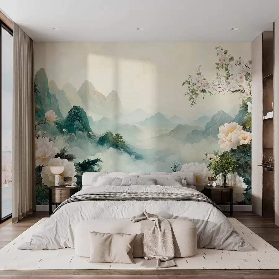 murales de pared paisaje con flores y colinas en estilo oriental w03111