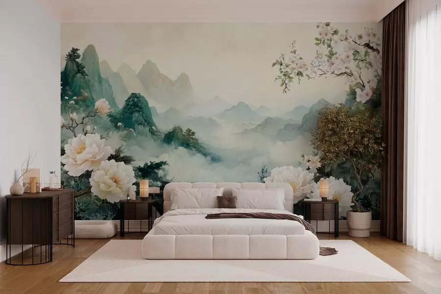 murales de pared paisaje con flores y colinas en estilo oriental w03111