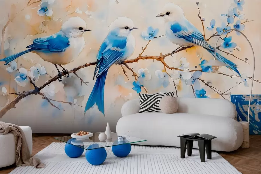 murales de pared pájaros cantores de primavera en una rama de árbol en estilo acuarela w03112