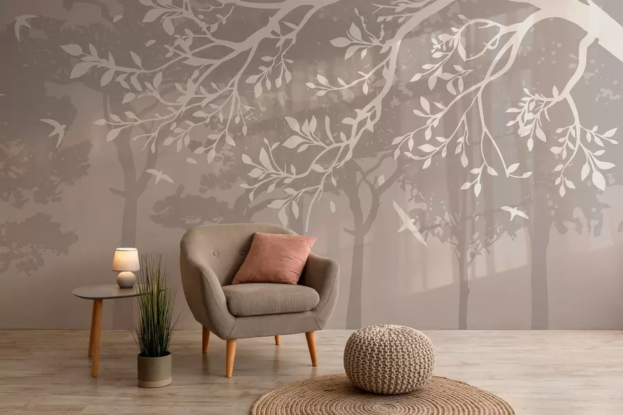 murales de pared silueta de una rama de árbol cremosa con pájaros, sobre el fondo del bosque w03116