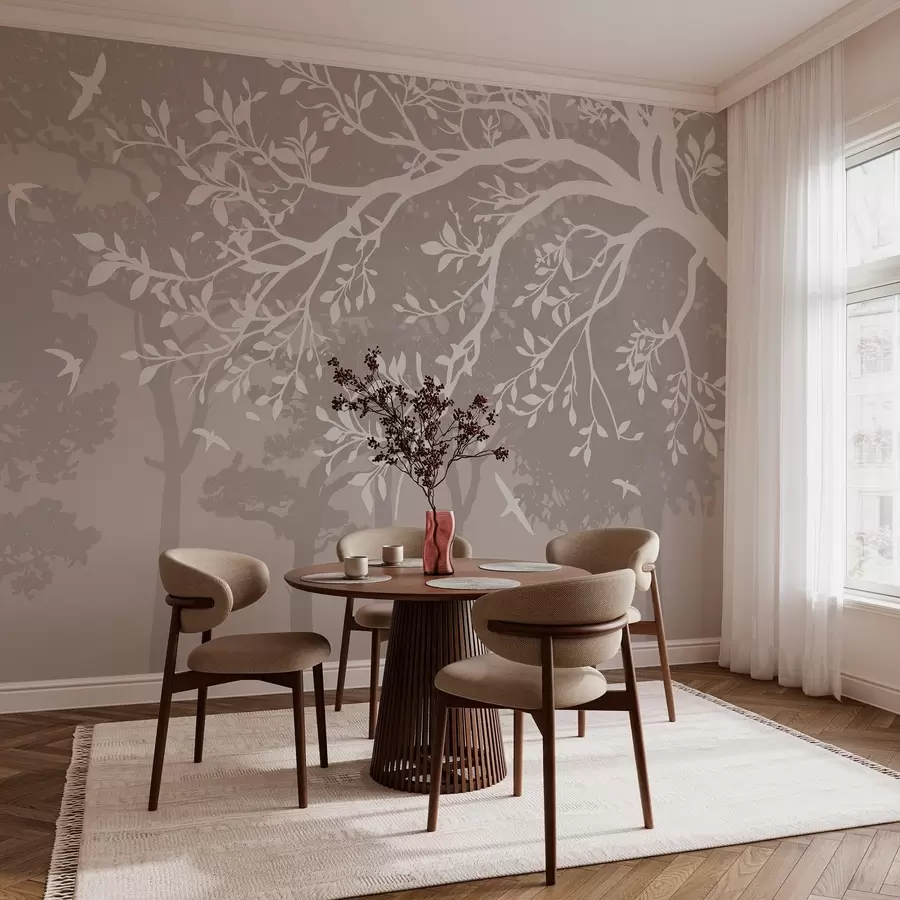 murales de pared silueta de una rama de árbol cremosa con pájaros, sobre el fondo del bosque w03116