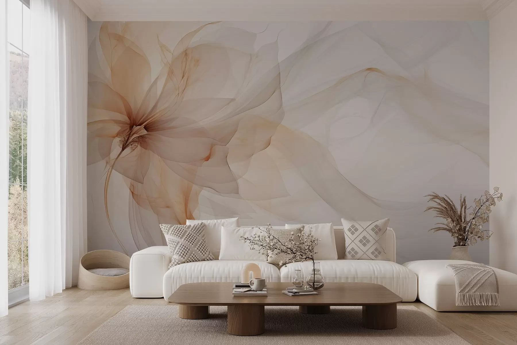 murales de pared Flor etérea con delicadas líneas translúcidas en tonos pastel w03162