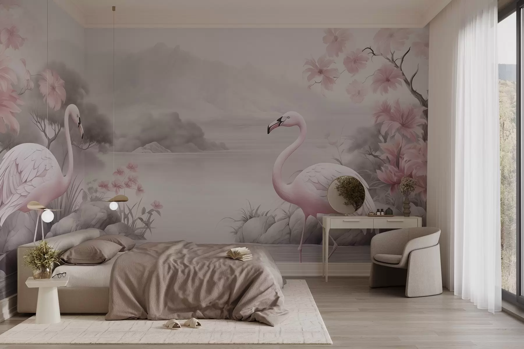 murales de pared Dos flamencos en el agua acuarela dibujo w03196