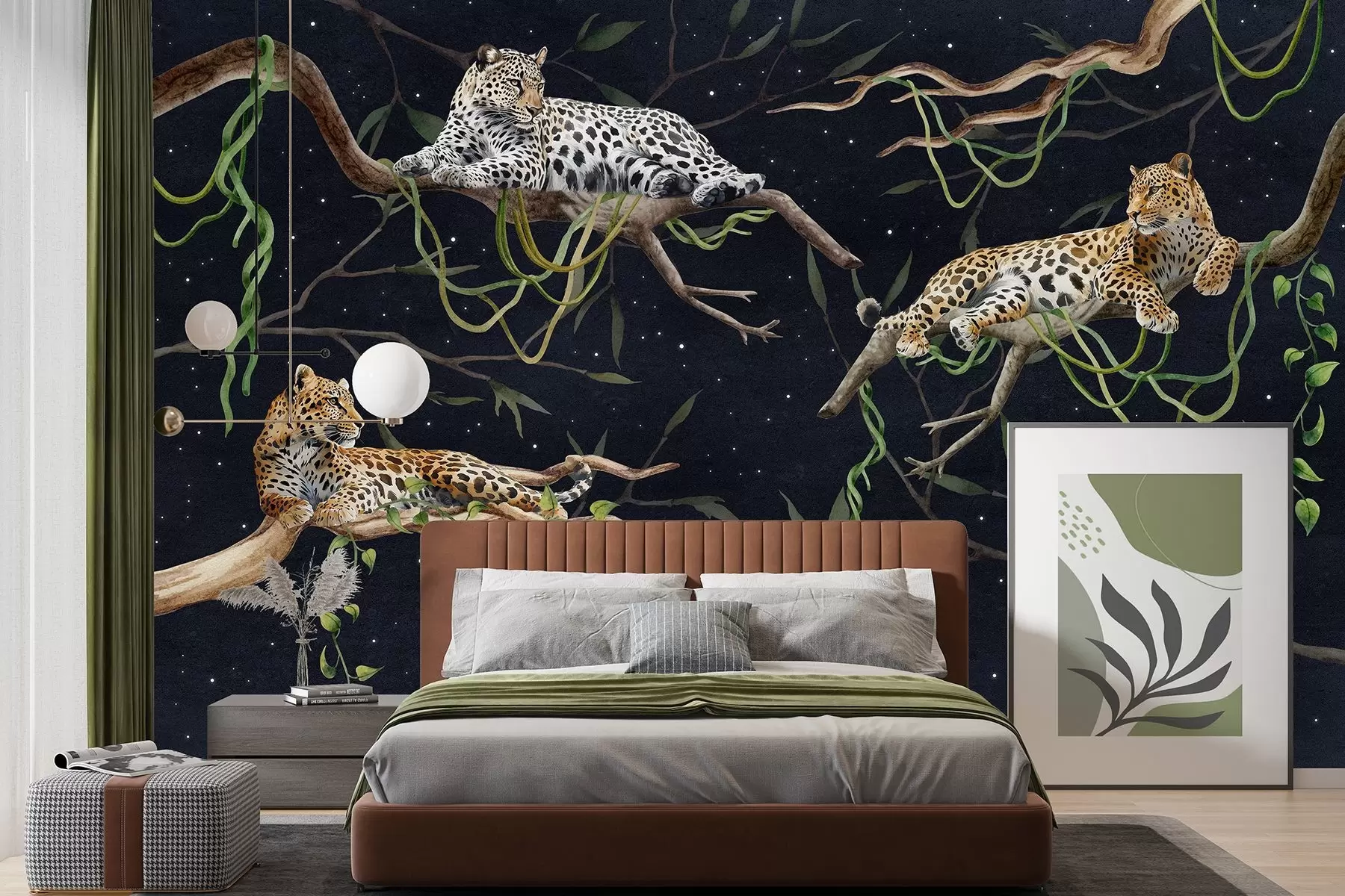 murales de pared Leopardos en los árboles de la selva, lianas, tropicales, animales salvajes, cielo nocturno con estrellas w03148