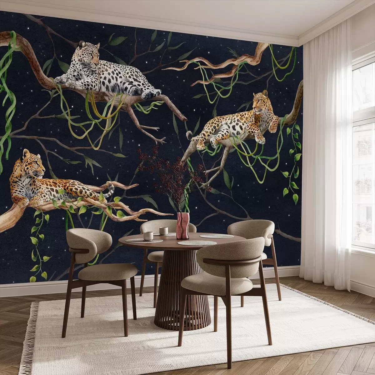 murales de pared Leopardos en los árboles de la selva, lianas, tropicales, animales salvajes, cielo nocturno con estrellas w03148