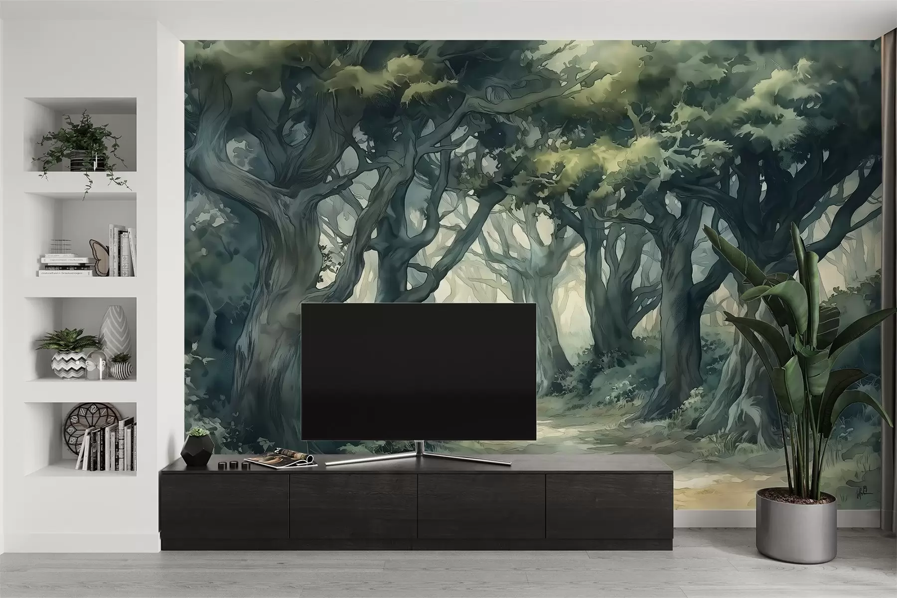 murales de pared Bosque con árboles grandes, spallete color verde, dibujo estilo acuarela w03150