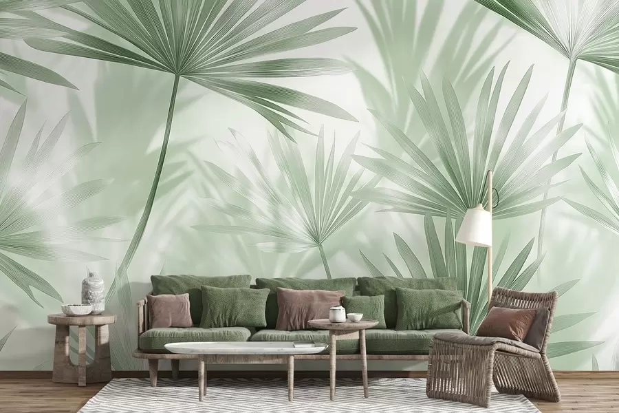 murales de pared Hojas de palmera, motivo floral, minimalismo, tropical, colores verdes w03152v2
