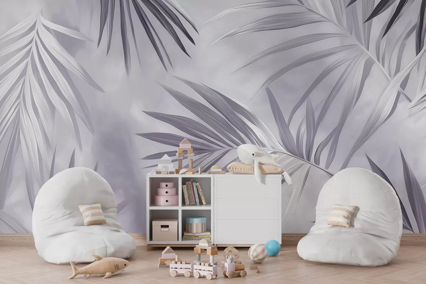 murales de pared Abstracción de hojas tropicales, palmera, paleta de colores púrpura w03153v1