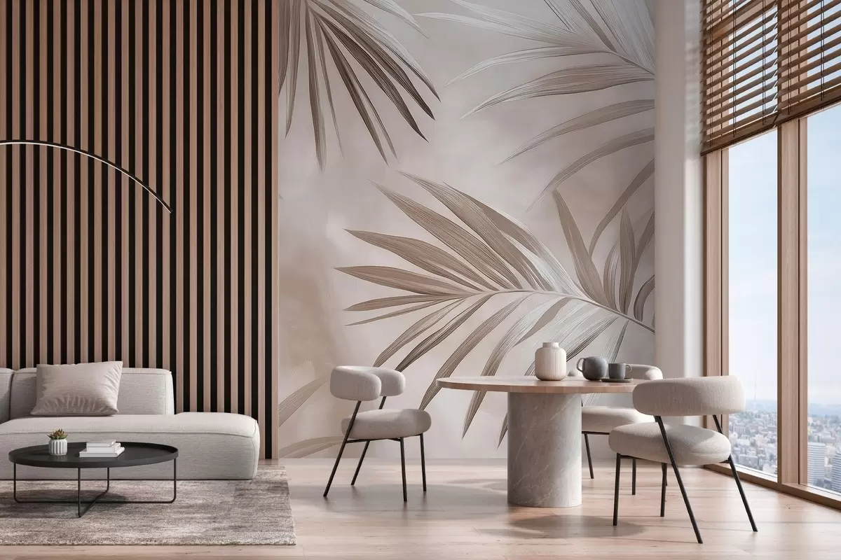 murales de pared Abstracción de hojas tropicales, palmera, paleta de colores beige w03153v3
