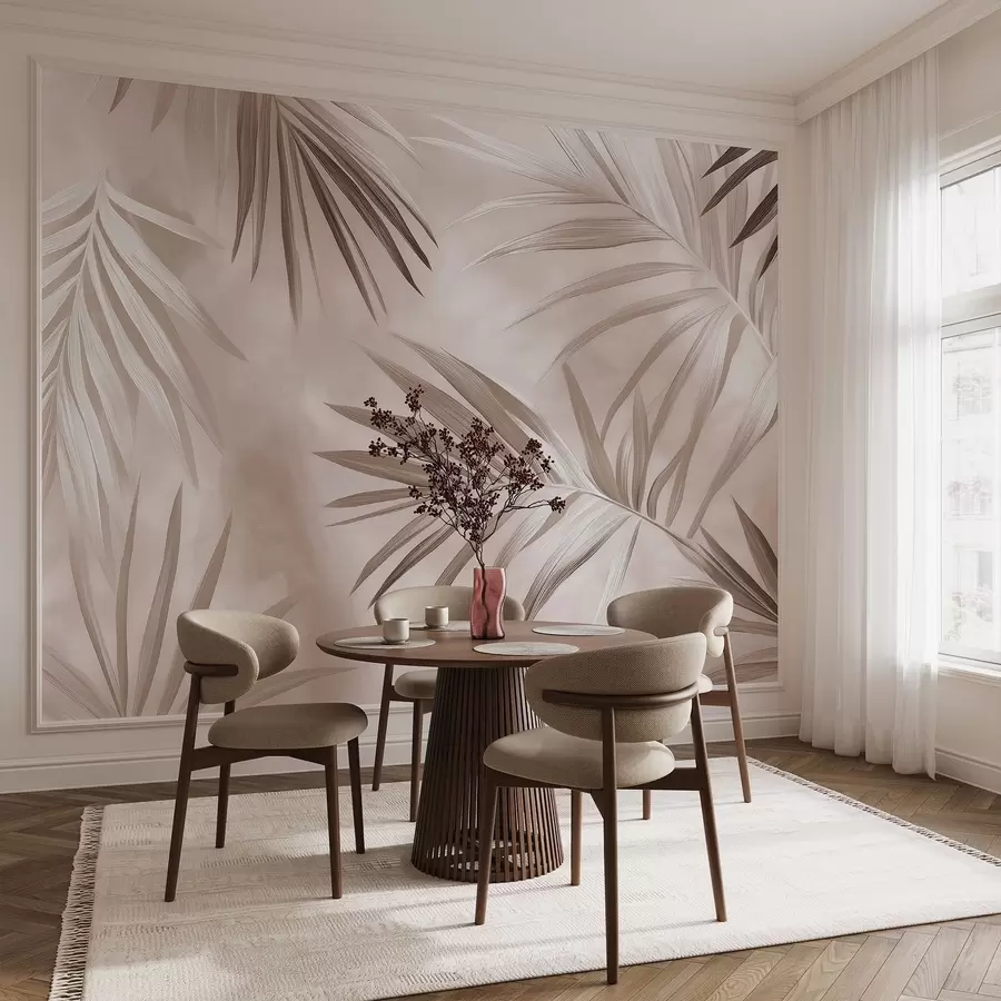 murales de pared Abstracción de hojas tropicales, palmera, paleta de colores beige w03153v3