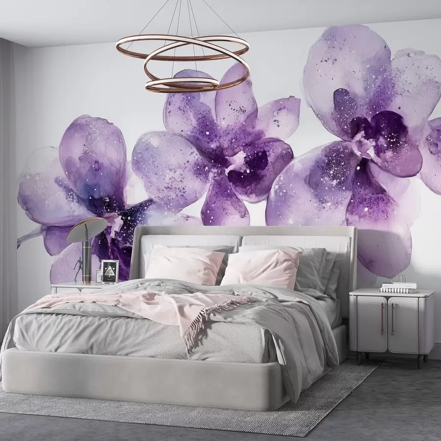 murales de pared Flores de orquídea estilo acuarela, colores morados w03163