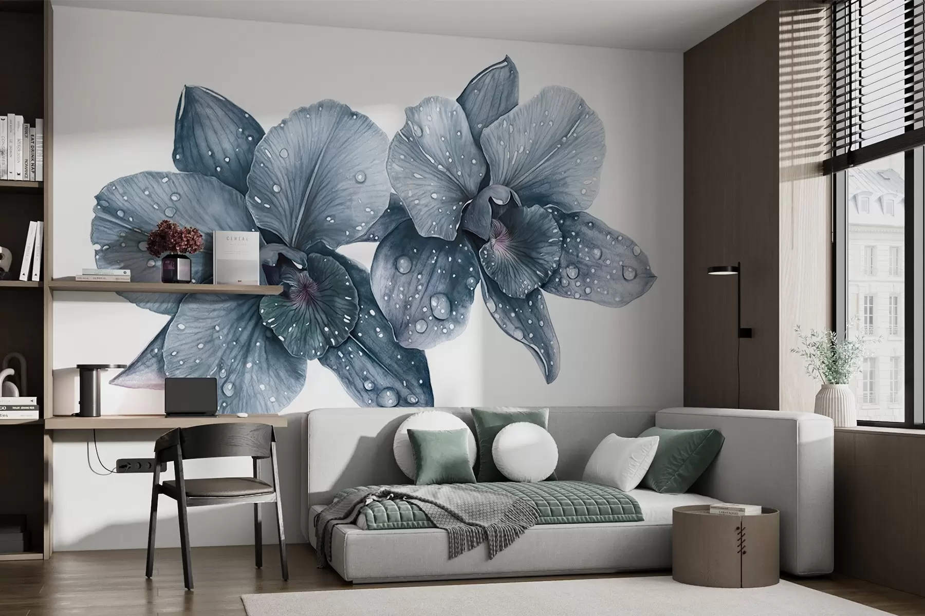 murales de pared Hermosas flores de orquídea, dibujo estilo acuarela, colores azules w03164v2