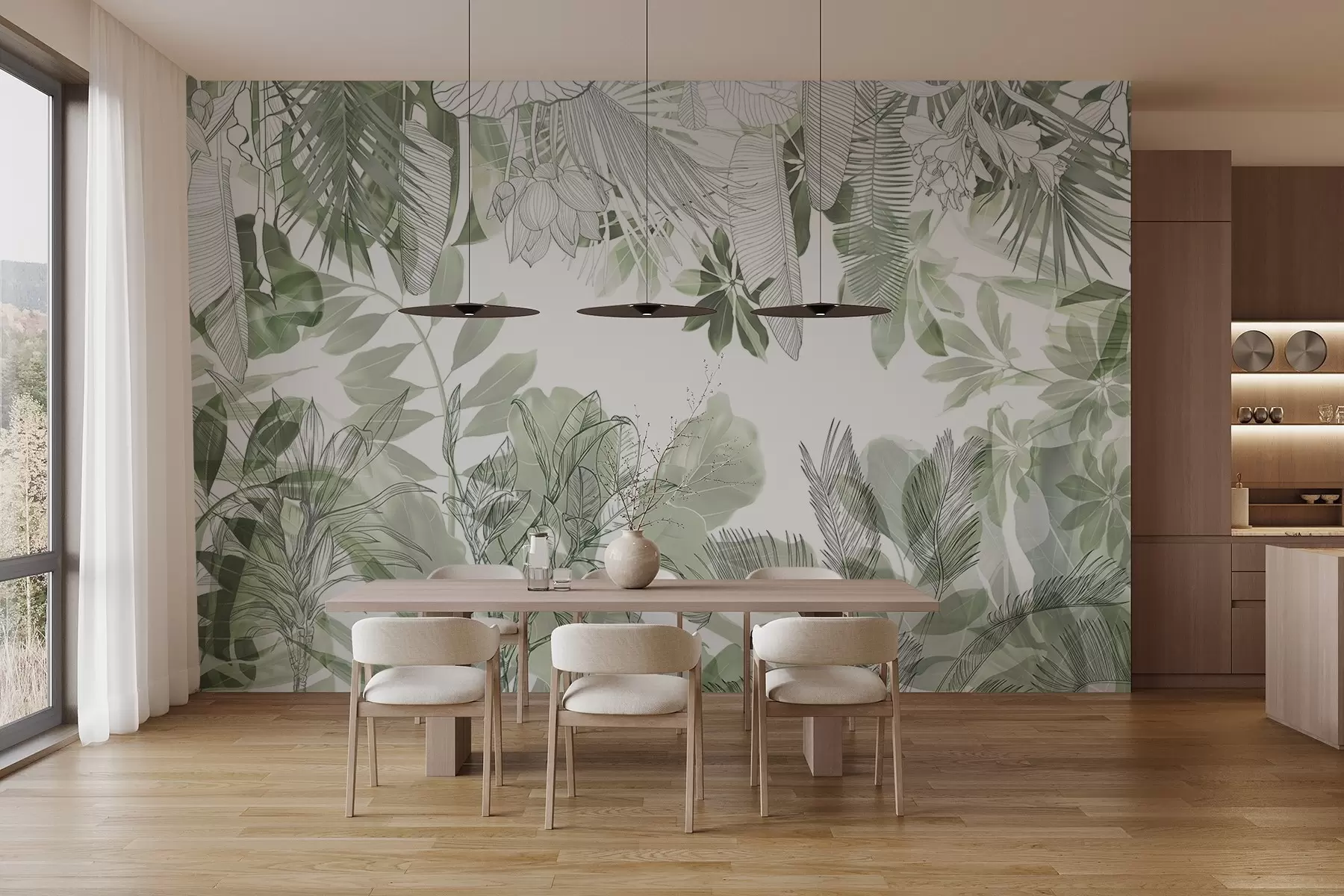 murales de pared Plantas y hojas tropicales con estampado de jungla verde sobre fondo blanco w08823