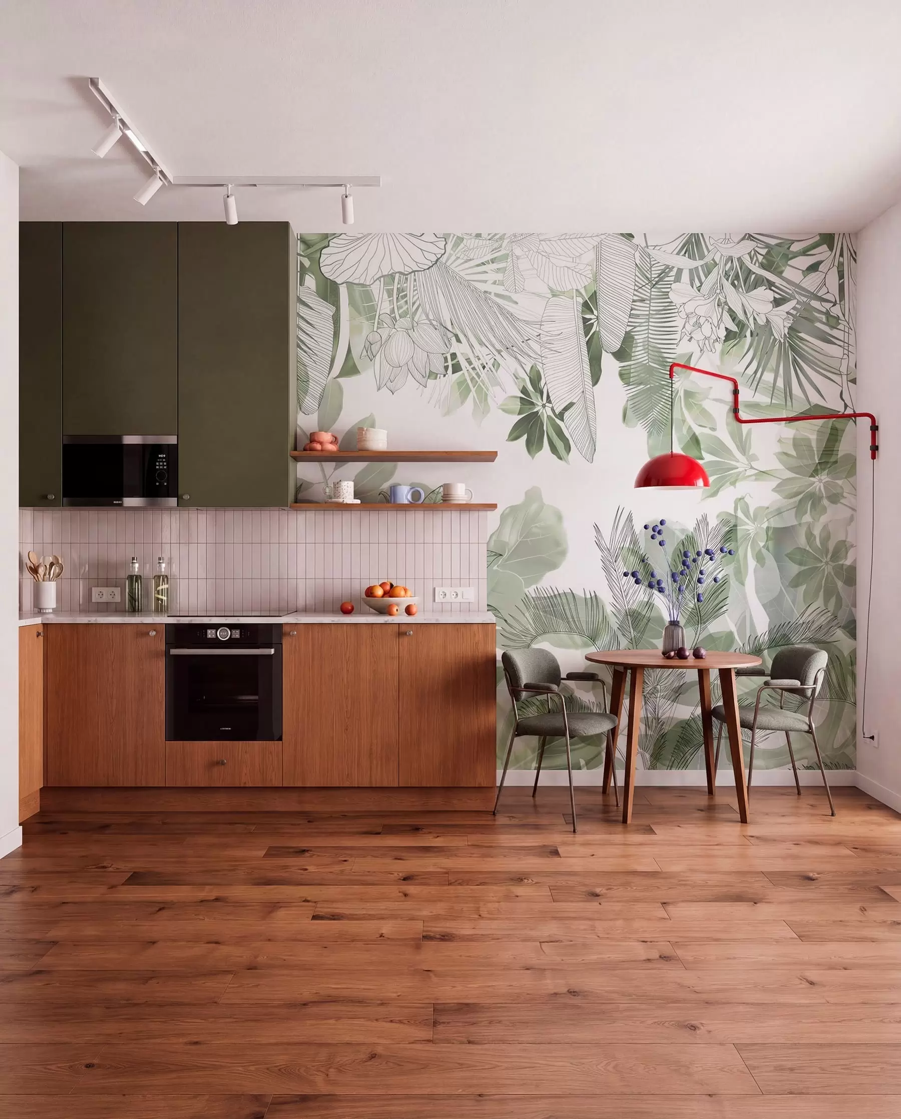 murales de pared Plantas y hojas tropicales con estampado de jungla verde sobre fondo blanco w08823
