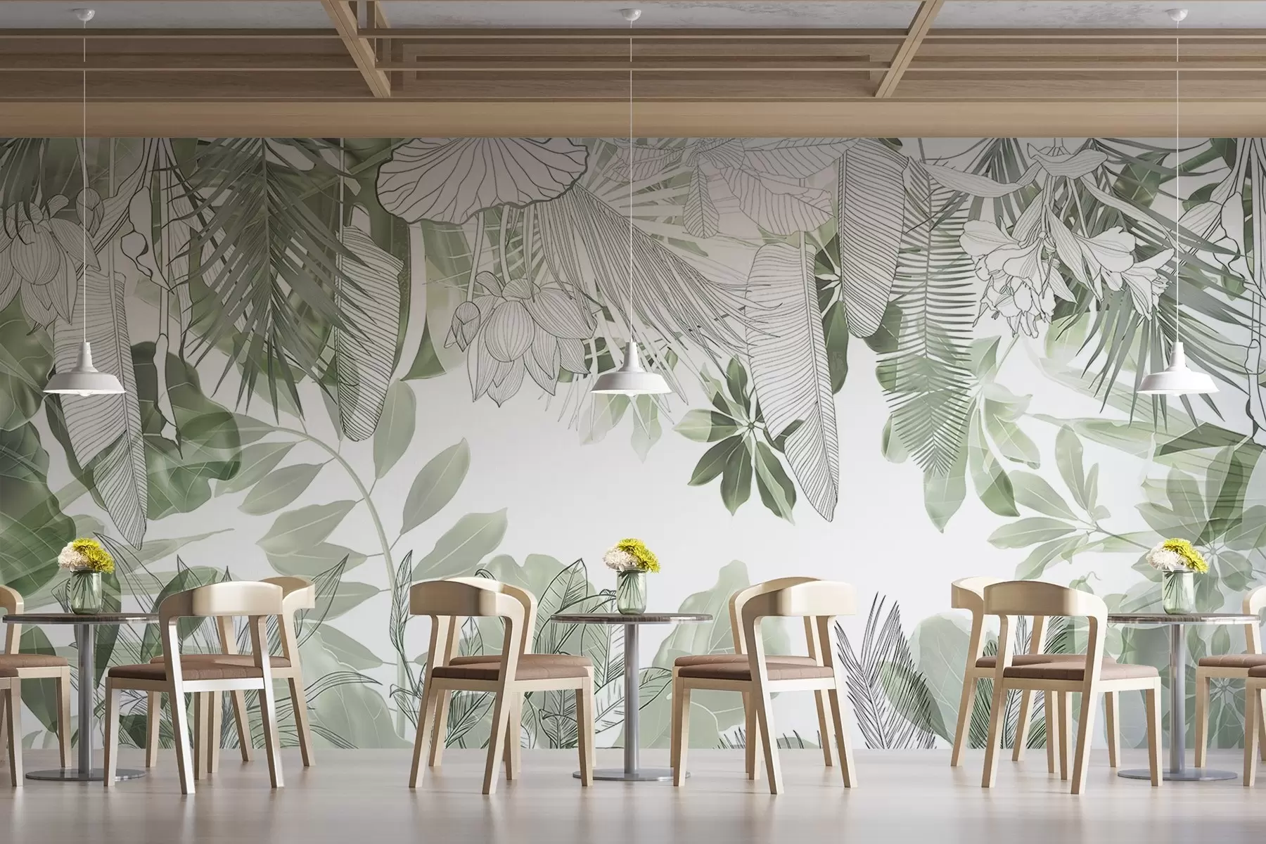 murales de pared Plantas y hojas tropicales con estampado de jungla verde sobre fondo blanco w08823