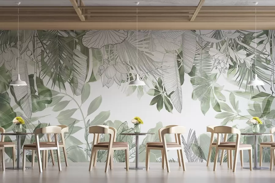 murales de pared Plantas y hojas tropicales con estampado de jungla verde sobre fondo blanco w08823