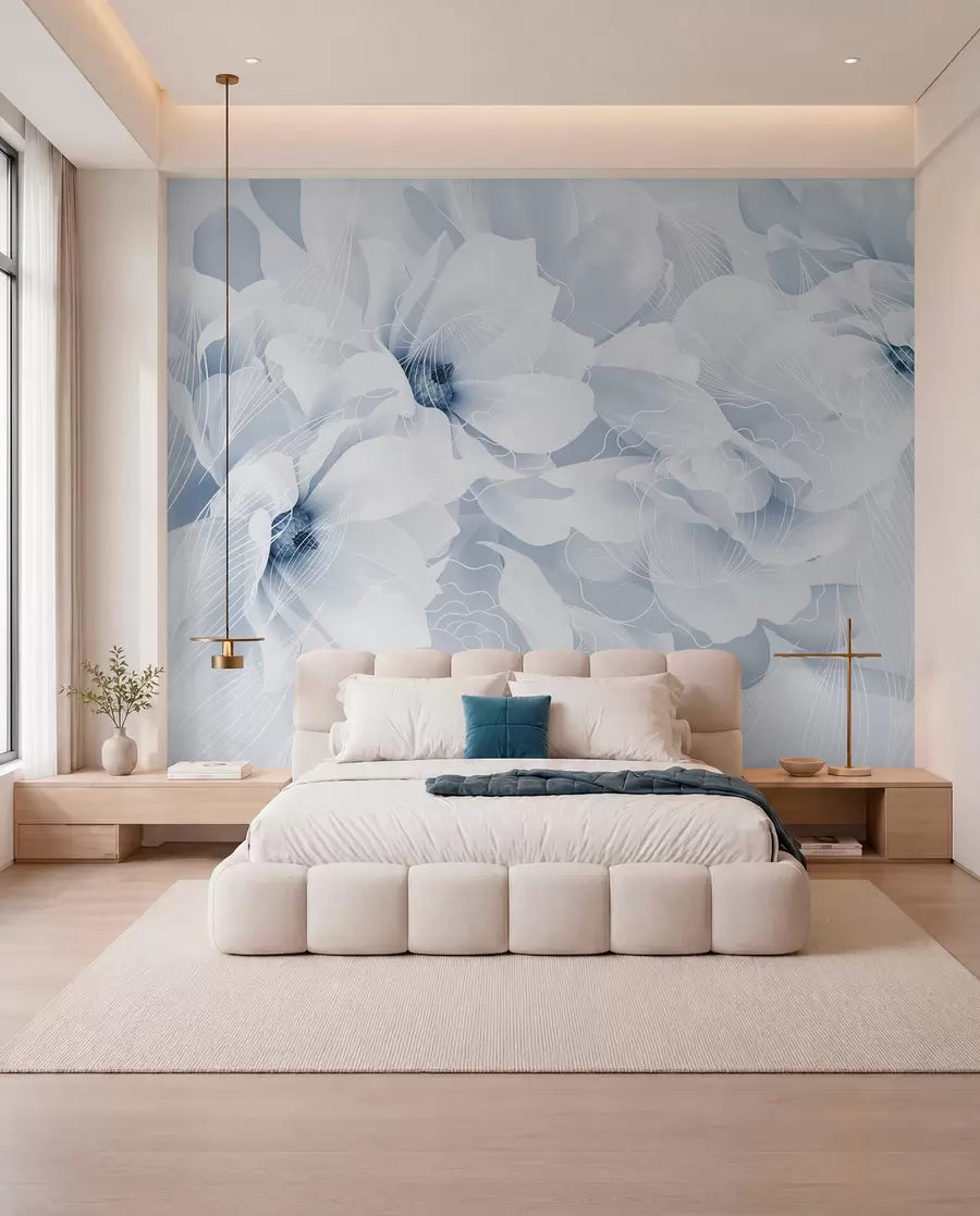 murales de pared Flores de peonía en tonos pastel con delicados pétalos blancos y azules y líneas blancas sobre fondo azul claro w08826