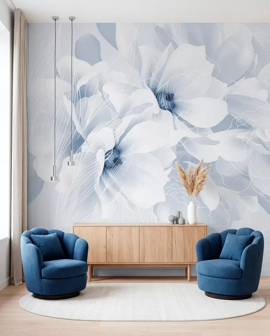 murales de pared Flores de peonía en tonos pastel con delicados pétalos blancos y azules y líneas blancas sobre fondo azul claro w08826