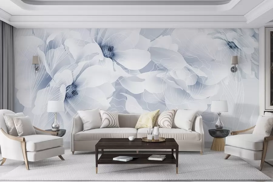 murales de pared Flores de peonía en tonos pastel con delicados pétalos blancos y azules y líneas blancas sobre fondo azul claro w08826