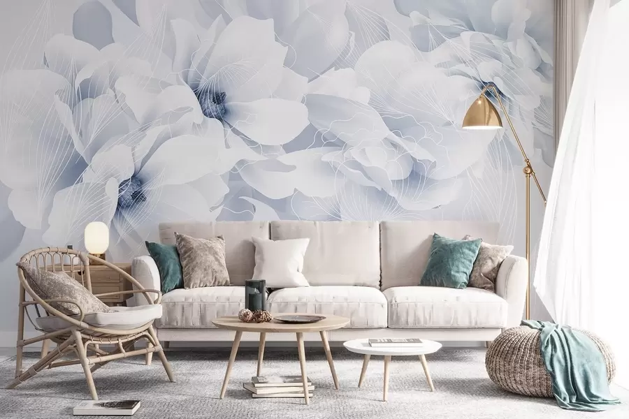 murales de pared Flores de peonía en tonos pastel con delicados pétalos blancos y azules y líneas blancas sobre fondo azul claro w08826