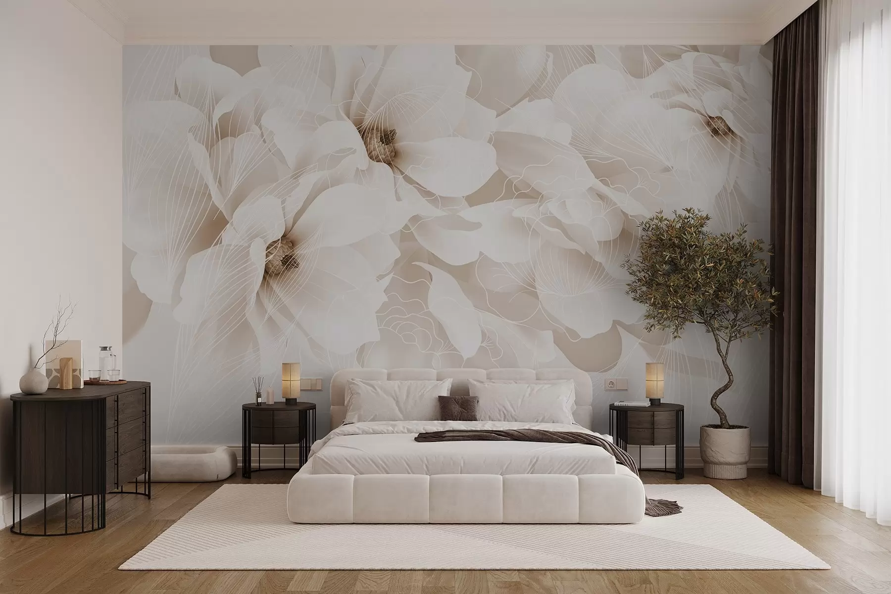 murales de pared Flores de peonía en tonos pastel con delicados pétalos blancos y beige y líneas blancas sobre fondo beige claro w08826v1