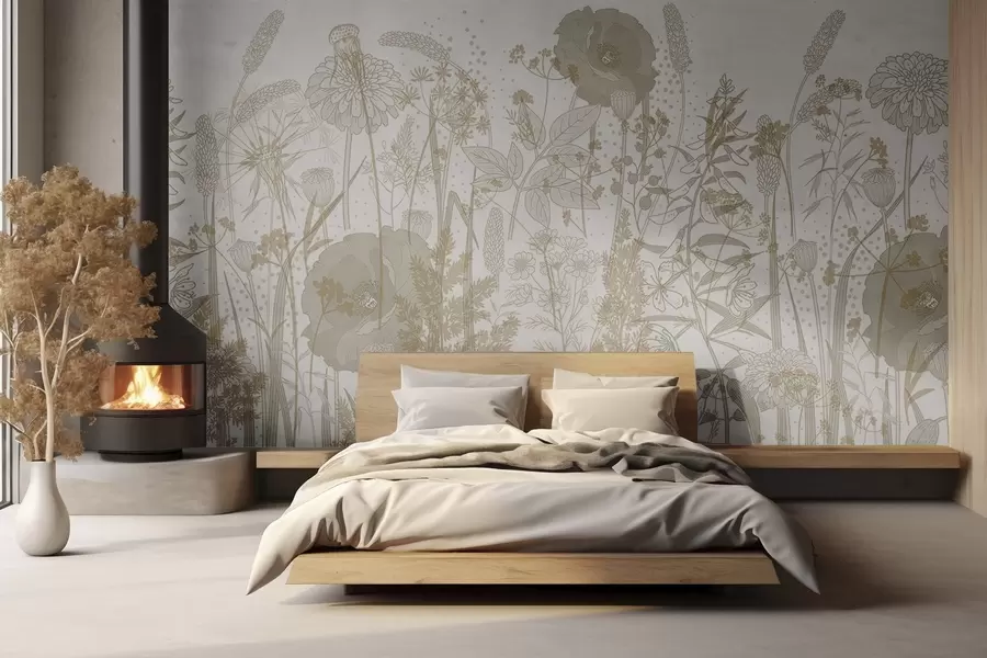 murales de pared Un campo de flores altas y hierba en tonos pastel beige claro sobre fondo blanco w08829v1