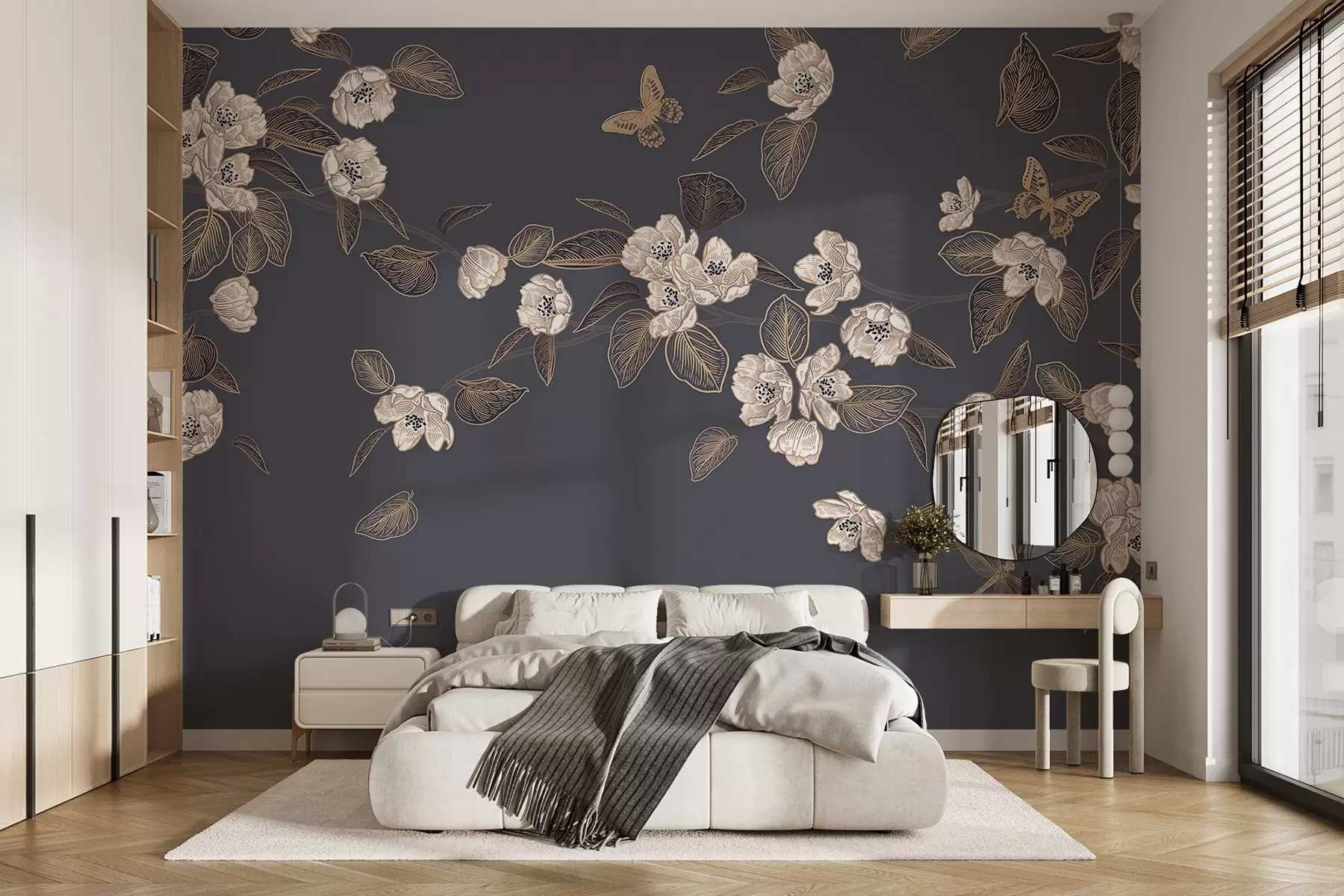 murales de pared Flor de cerezo rama con flores, hojas, mariposas sobre un fondo gris oscuro w08830