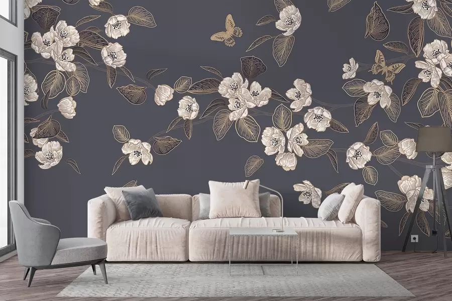 murales de pared Flor de cerezo rama con flores, hojas, mariposas sobre un fondo gris oscuro w08830