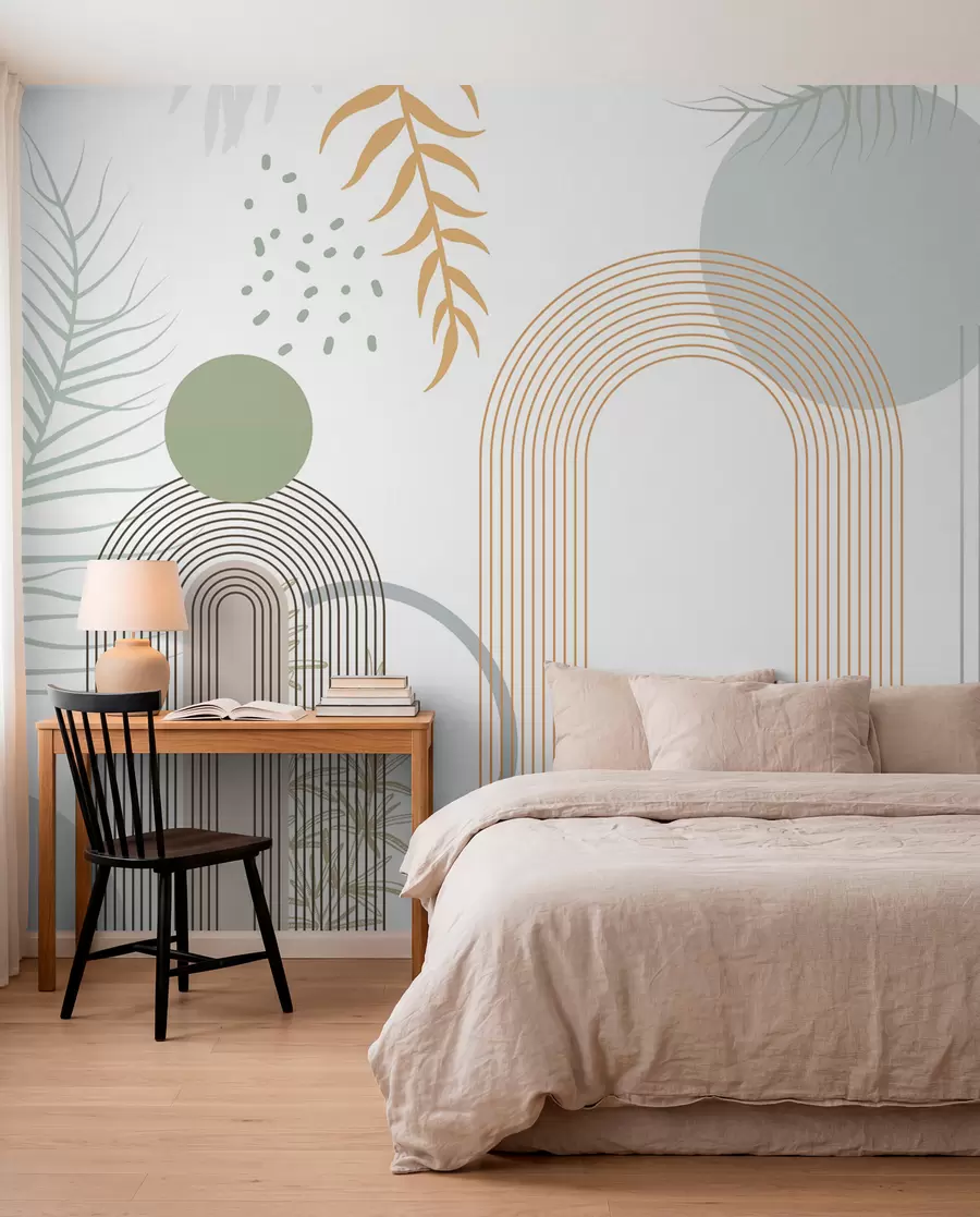 murales de pared Estampado abstracto con formas geométricas, arcos y hojas tropicales sobre fondo blanco w08835