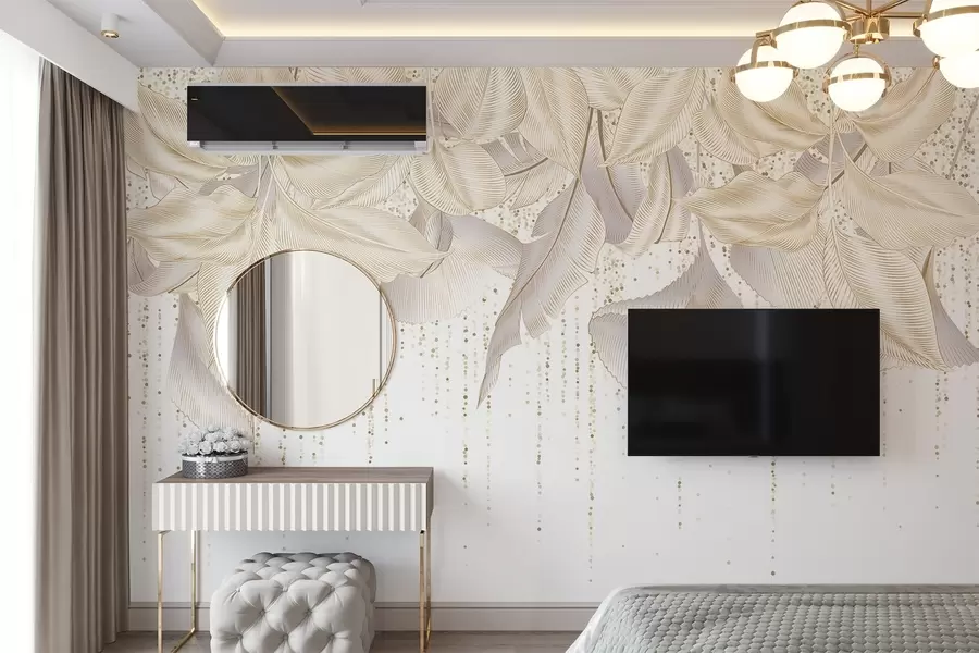 murales de pared Textura de hojas tropicales detalladas en blanco y puntos amarillos sobre fondo blanco w08836