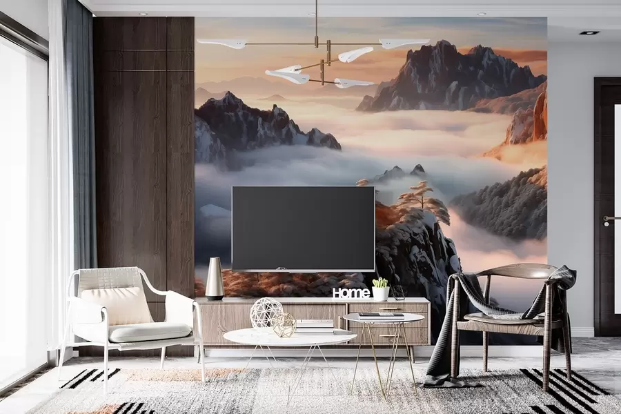 murales de pared Encantador paisaje de montaña con niebla y árboles w08807