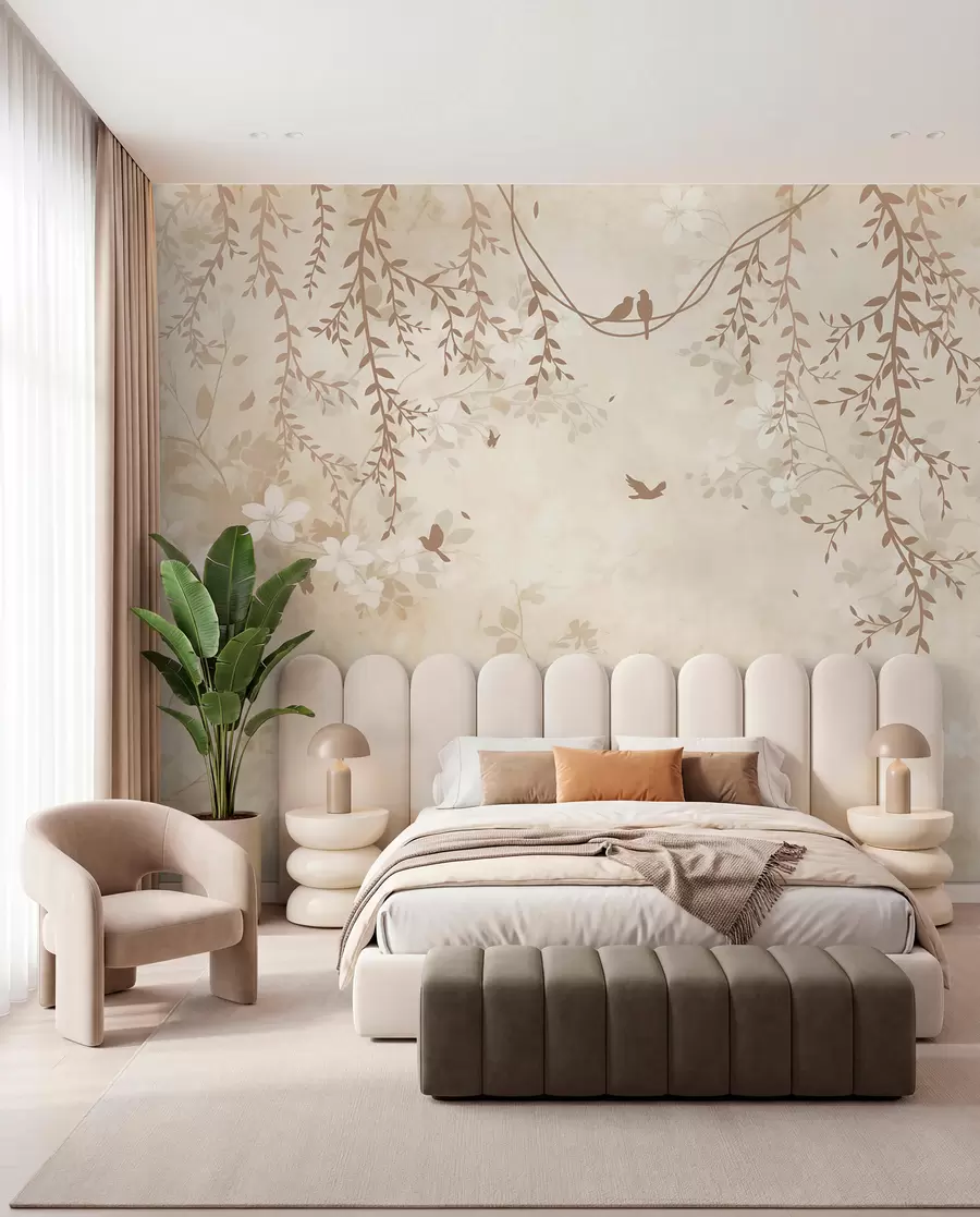 murales de pared Pájaros con plantas colgantes y un motivo floral en tonos beige-crema claro w08809