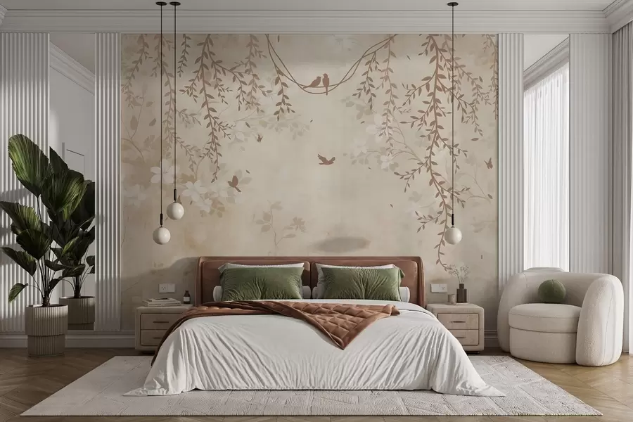 murales de pared Pájaros con plantas colgantes y un motivo floral en tonos beige-crema claro w08809